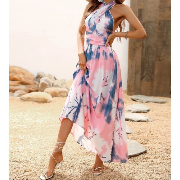 Multicolor Boho Womens Tie Dye Backless Shirred Halter Dress - Picture 3 of 7